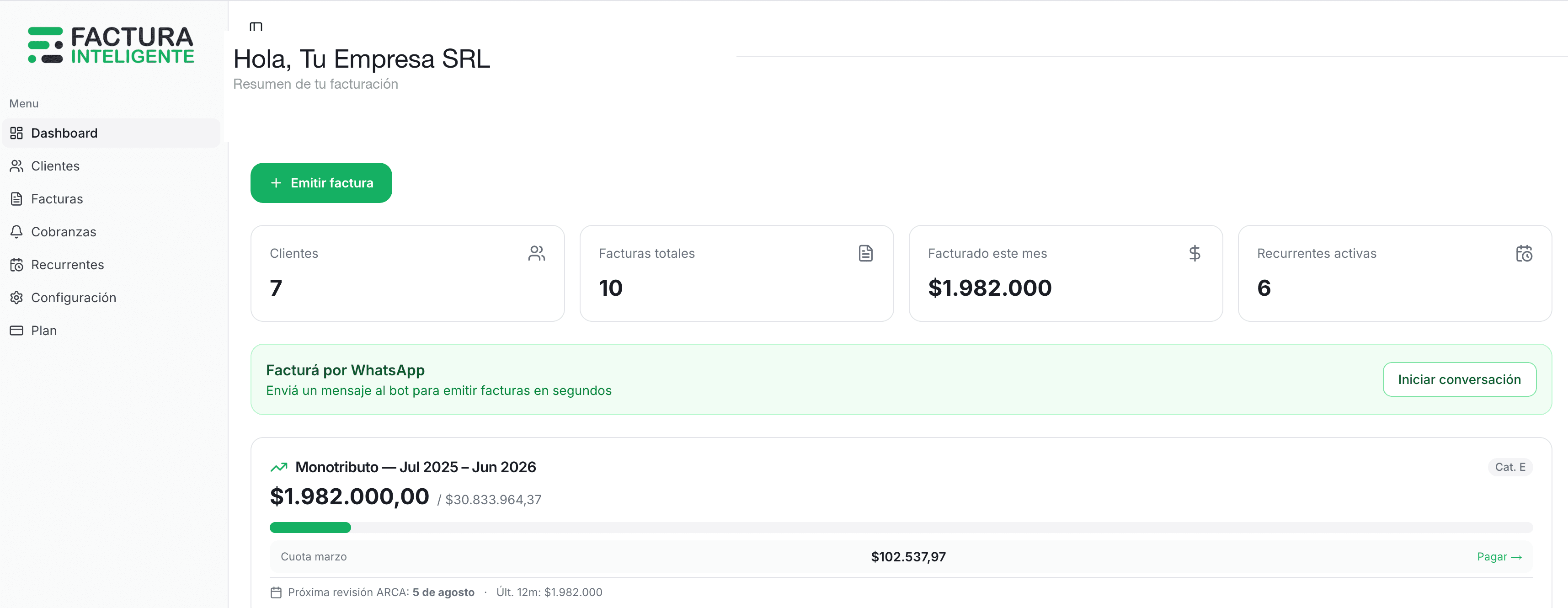 Dashboard de FacturaInteligente mostrando resumen de facturación